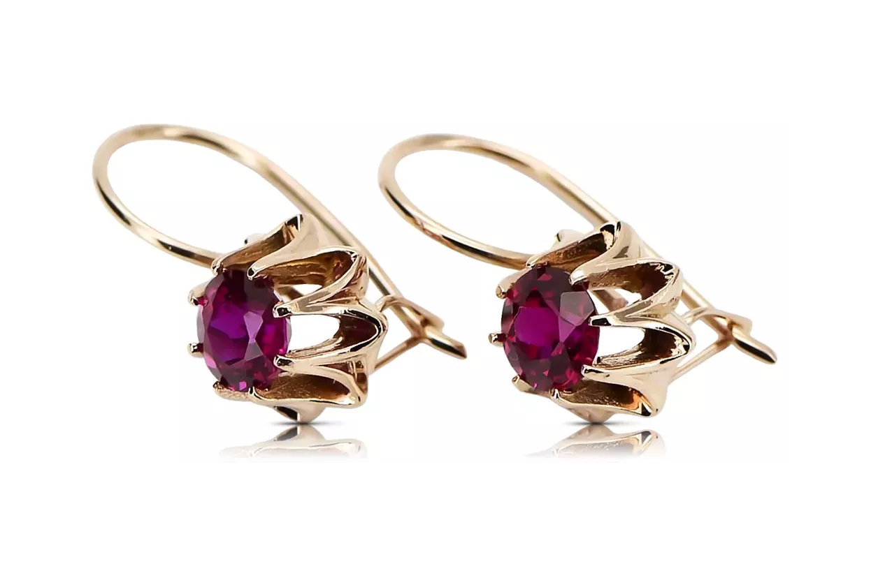 Rosa rosa 14k 585 oro ruby pendientes vec092 Estilo soviético ruso vintage