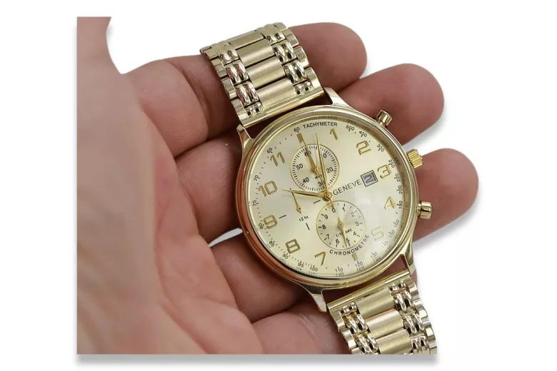 Жовтий 14k 585 золотий чоловічий годинник Geneve mw005ydg&mbw006y18cm