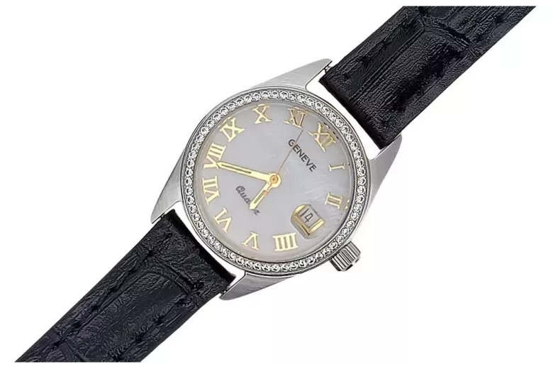 Zegarek damski z białego złota 14k Geneve lw078wdpr z perłową tarczą