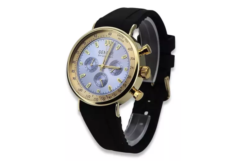 Gelb 14k 585 Gold Männer schöne Geneve Uhr mw012y-bl blaues Zifferblatt