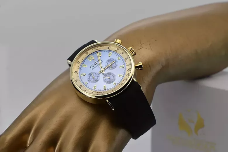 Złoty elegancki zegarek na pasku męski 14k 585 Geneve niebieska tarcza mw012y-bl