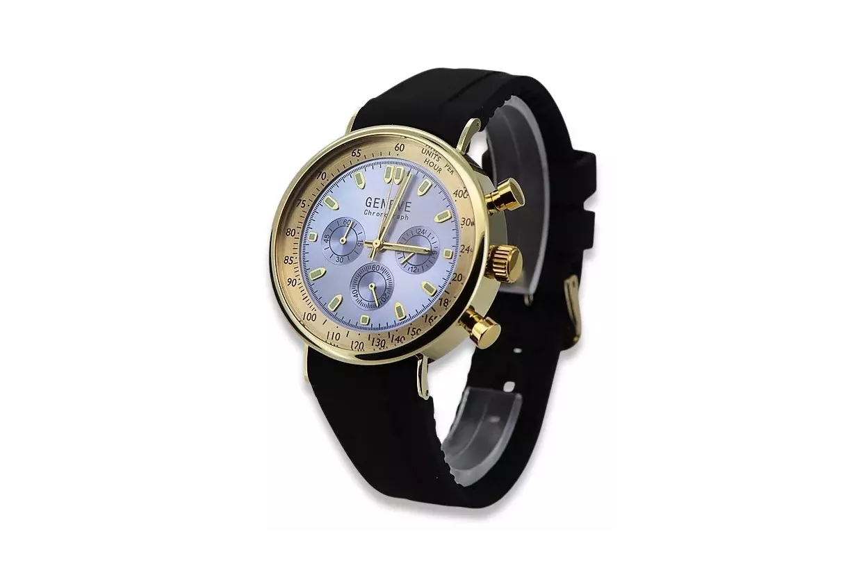 14K Gold Men's Watch, Blue Dial, Leather Strap, 40mm