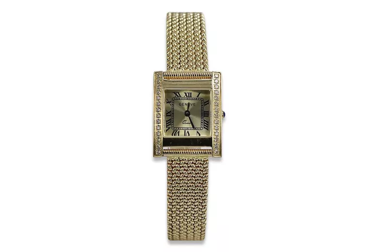 14K Gold Women's Watch, Rectangular, Italian, Cyrkonia