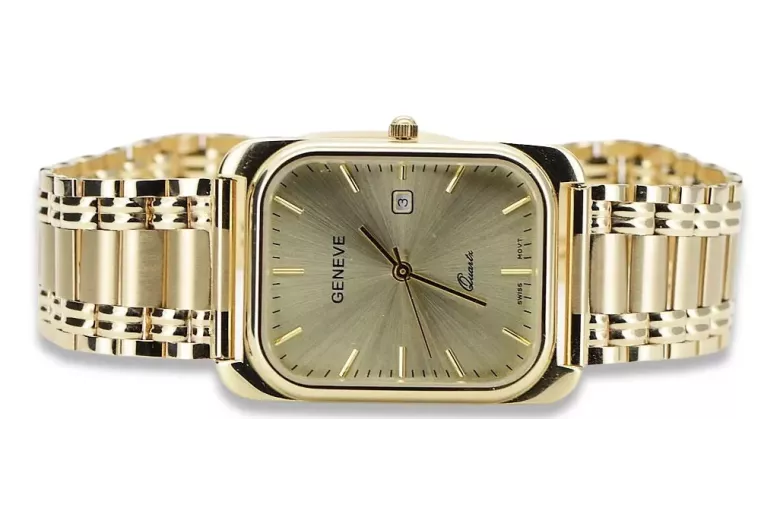 14k Gelbgold Rechteckige Herrenuhr, Italienischer Quarz