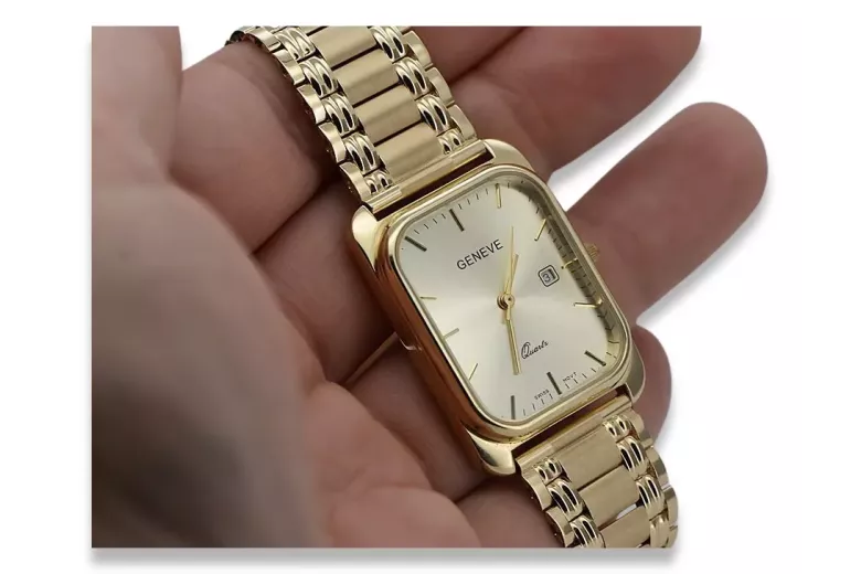 14k Gold Rectangular Men's Watch, Italian Quartz