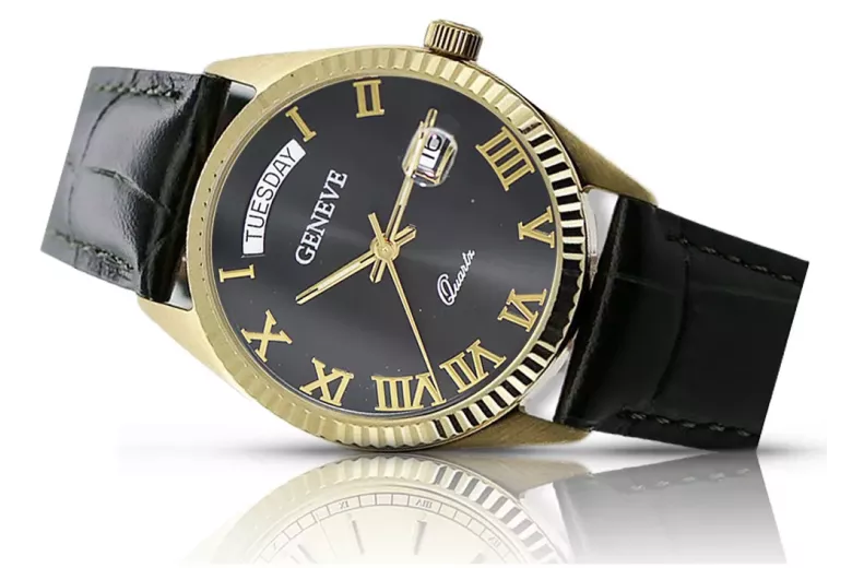 Złoty Zegarek Męski 14k, Czarny Cyferblat, Kwarcowy, 41mm