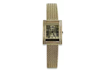 14K Goldene Damenuhr, Rechteckig, Italienisch, Zirkonia