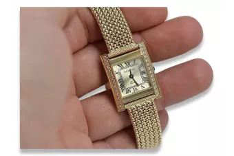 14K Gold Women's Watch, Rectangular, Italian, Cyrkonia