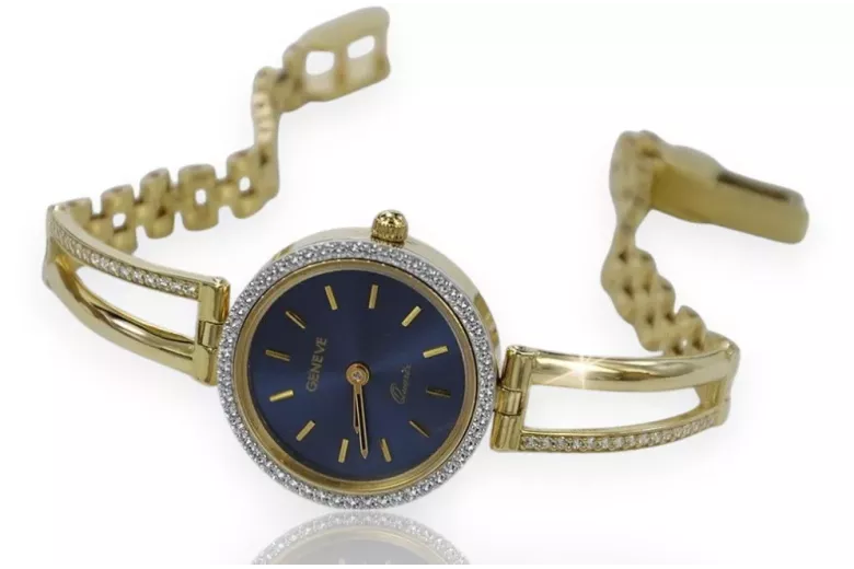 Gelbe 14k goldene Dame rund blaues Zifferblatt Geneve watch lw075ydbl