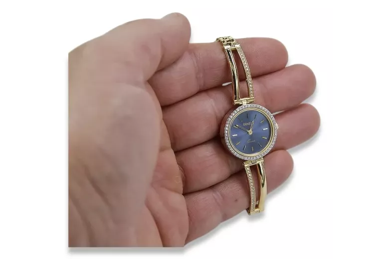 Yellow 14k gold lady round blue dial Geneve watch lw075ydbl