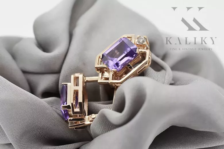 Kolczyki z różowego czerwonego 14k złota 585 z aleksandrytem i brylantem vec020r Vintage