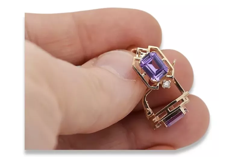 Kolczyki z różowego czerwonego 14k złota 585 z aleksandrytem i brylantem vec020r Vintage