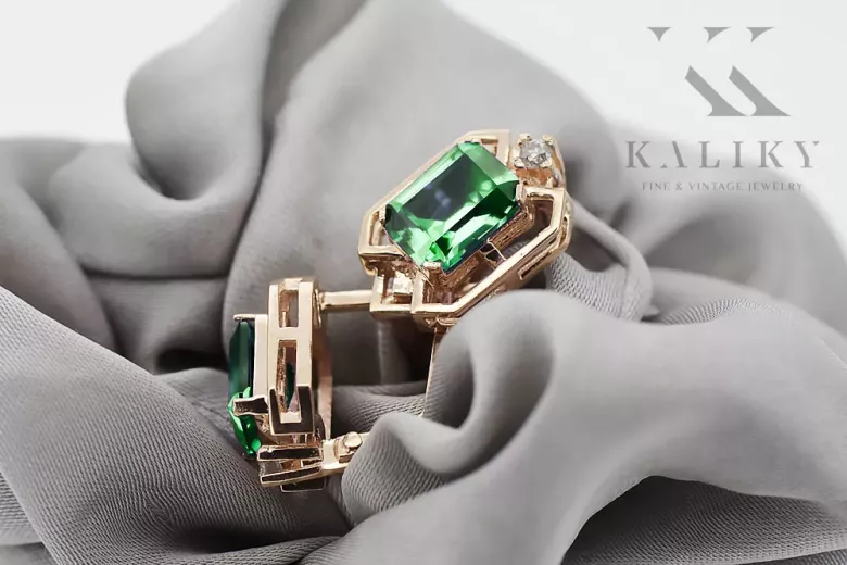 Emerald diamonds Vintage Earrings craft Original 14K Rose Gold vec020r