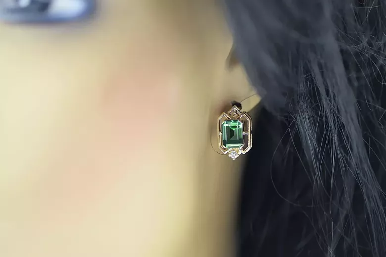 Emerald diamonds Vintage Earrings craft Original 14K Rose Gold vec020r