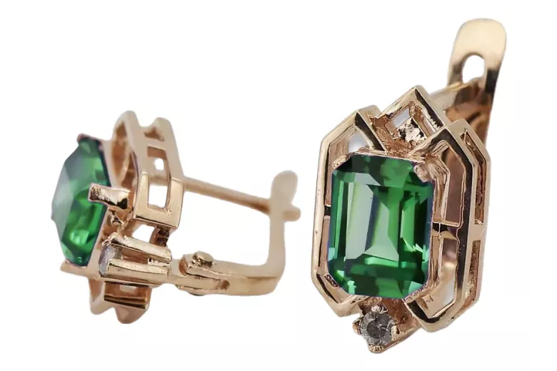 Kolczyki Vintage Biżuteria z różowego14k złota 585 ze szmaragdem i diamentem vec020r