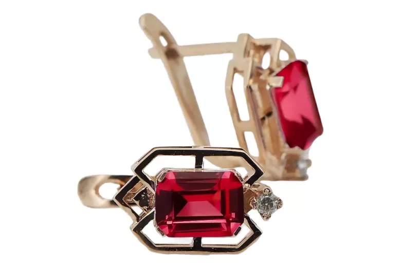 Ruby diamonds Vintage Earrings craft Original 14K Rose Gold vec020r