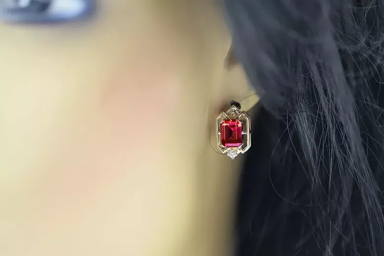 Ruby diamonds Vintage Earrings craft Original 14K Rose Gold vec020r
