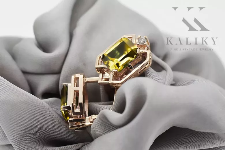 Yellow peridot diamonds Vintage Earrings craft Original 14K Rose Gold vec020r