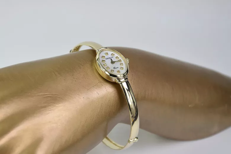 Italienische gelbe Damenuhr Geneve aus 14 Karat 585er Gold Lady Gift lw014y