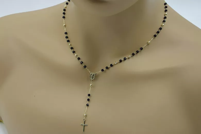 Italian 14k 585 gold rosary chain with onyx stones rcc005y