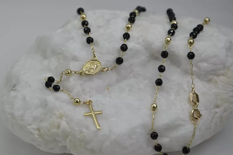 Italian 14k 585 gold rosary chain with onyx stones rcc005y