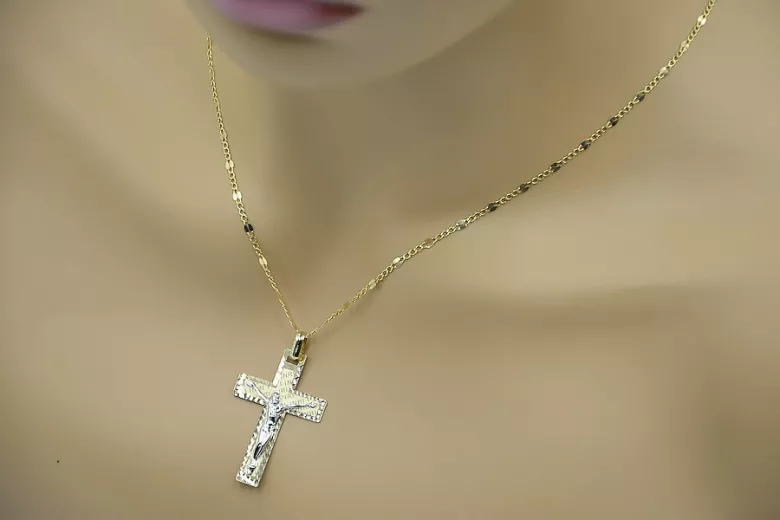 Luxuriöses Italienisches Katholisches Jesus Kreuz aus 14K Gelb- & Weißgol ctc003yw