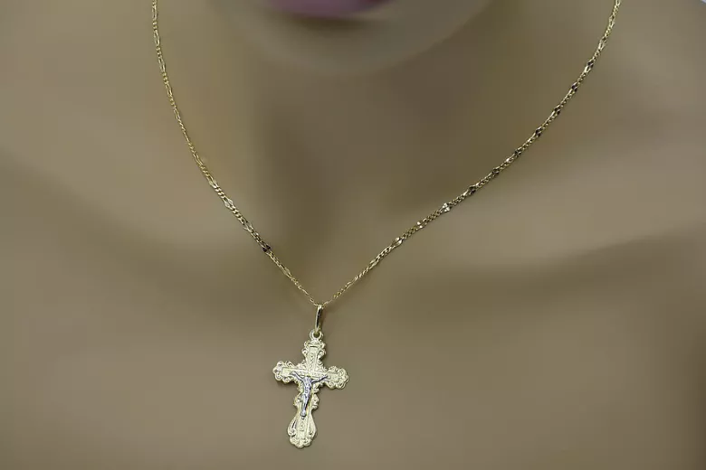 Handgefertigtes Orthodoxes Kreuz aus 14K Weiß- & Gelbgol. oc002wy