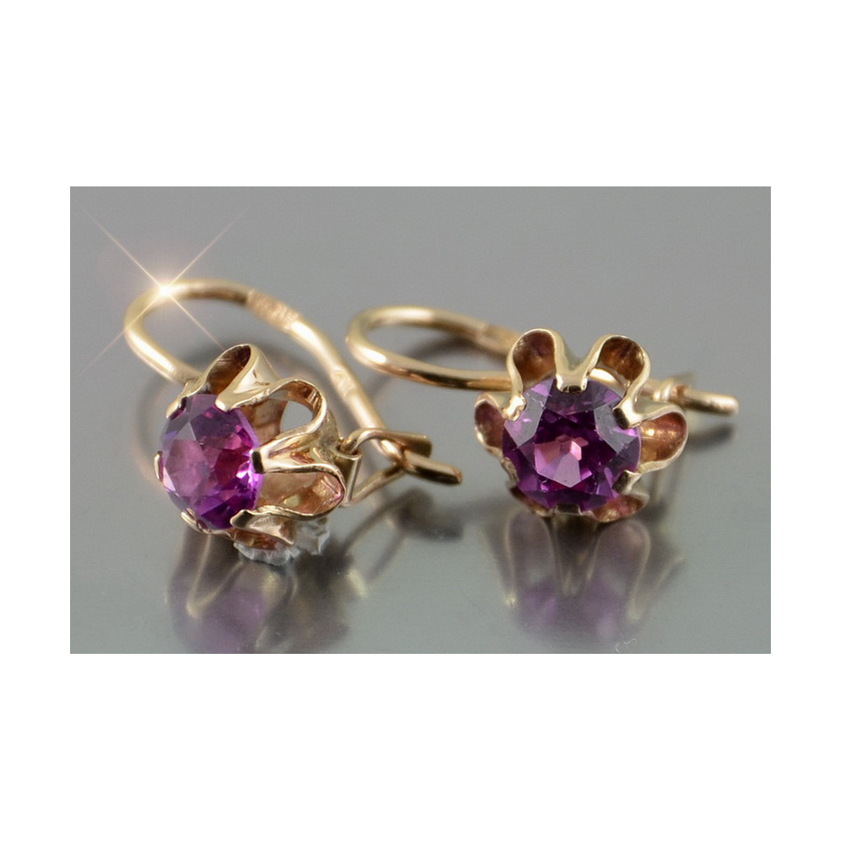 Boucles d’oreilles en or rose soviétique russe 14k 585 vec050 alexandrite rubis émeraude saphir ...