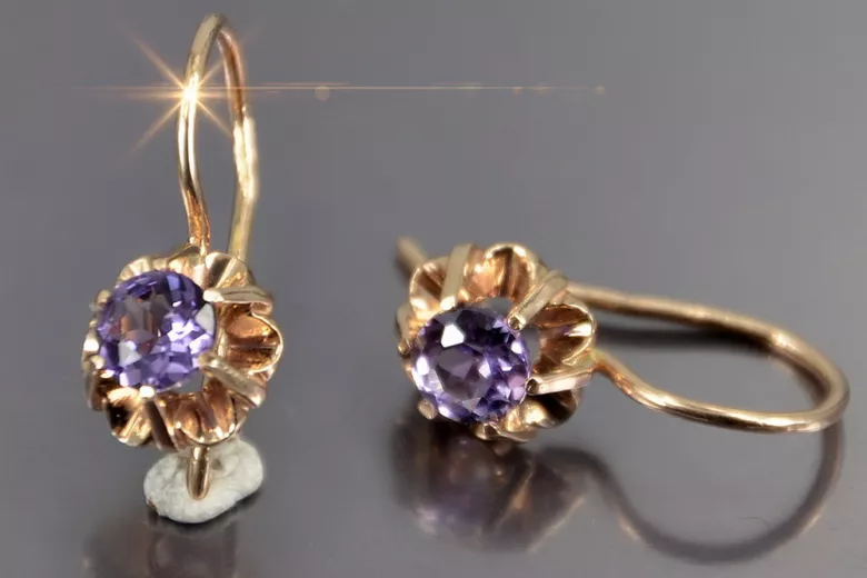 Boucles d’oreilles en or rose soviétique russe 14k 585 vec060 alexandrite rubis émeraude saphir ...