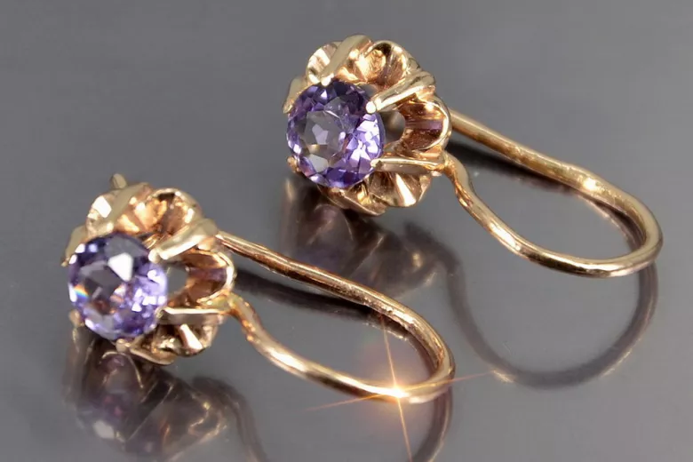 Boucles d’oreilles en or rose soviétique russe 14k 585 vec060 alexandrite rubis émeraude saphir ...