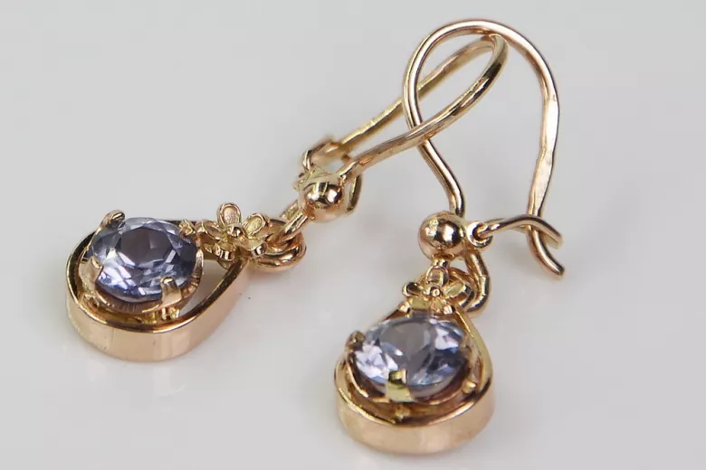 Boucles d’oreilles en or rose soviétique russe 14k 585 vec065 alexandrite rubis émeraude saphir ...