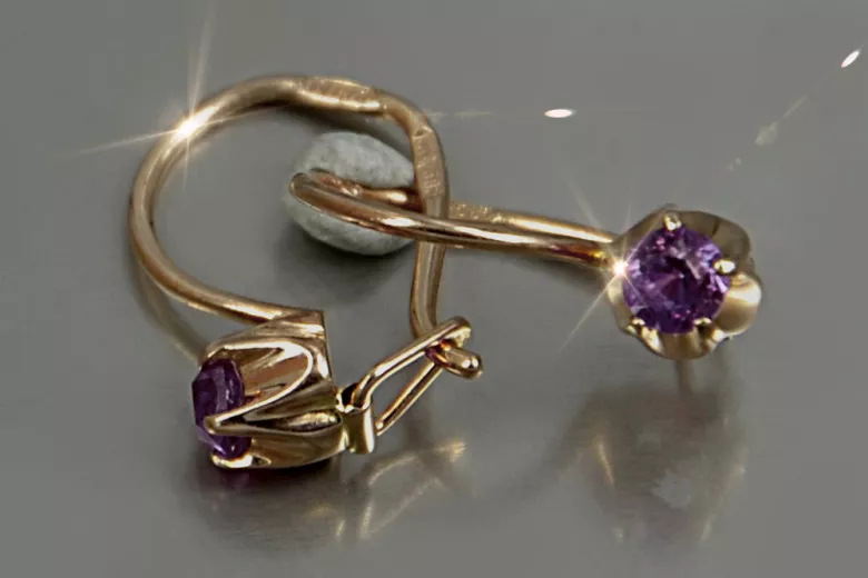 Boucles d’oreilles en or rose soviétique russe 14k 585 vec080 alexandrite rubis émeraude saphir ...