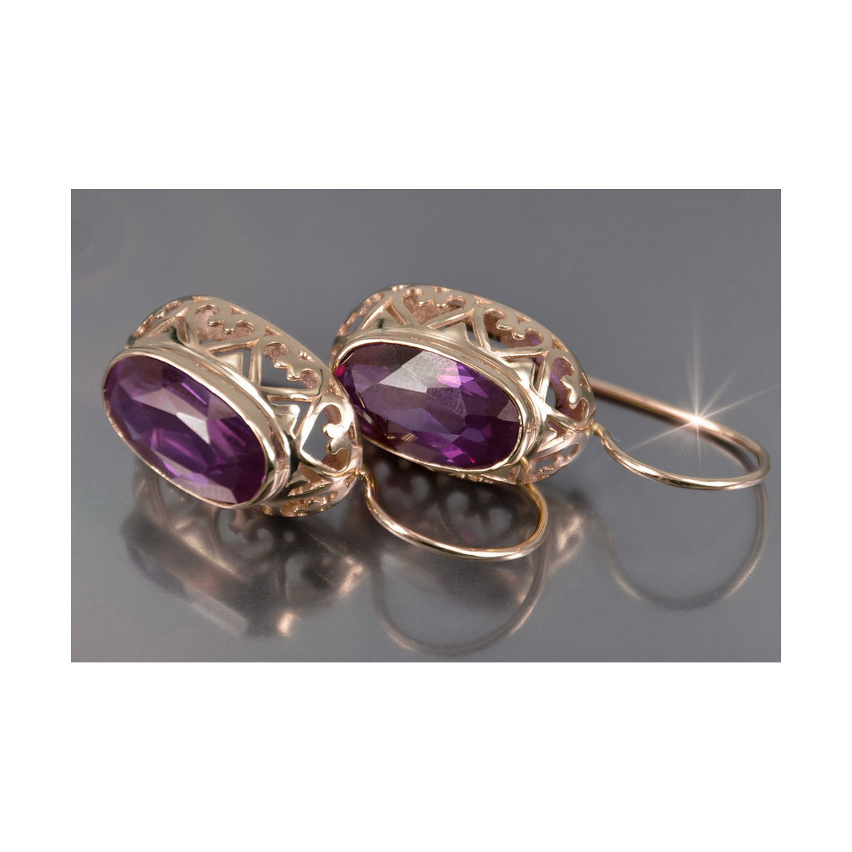 Boucles d’oreilles en or rose soviétique russe 14k 585 vec088 alexandrite rubis émeraude saphir ...