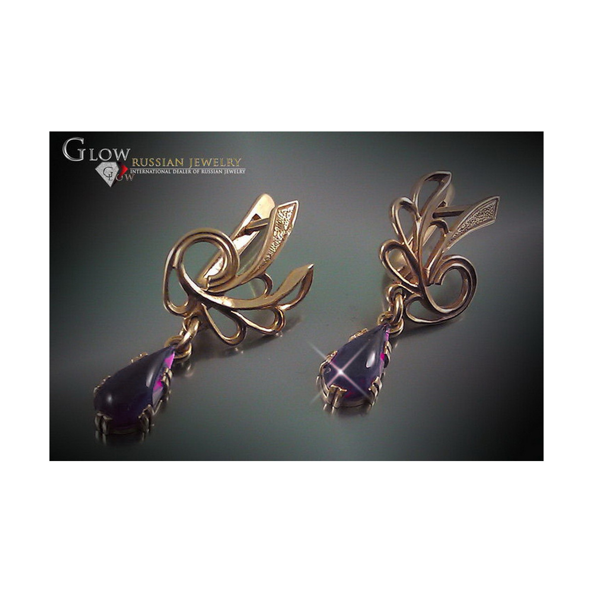 Boucles d’oreilles en or rose soviétique russe 14k 585 vec097 alexandrite rubis émeraude saphir ...