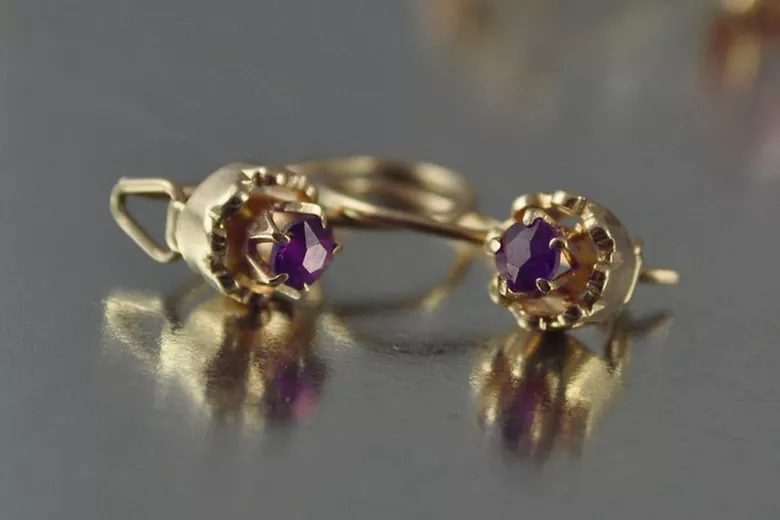 Boucles d’oreilles en or rose soviétique russe 14k 585 vec104 alexandrite rubis émeraude saphir ...