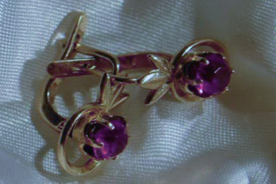 Boucles d’oreilles en or rose soviétique russe 14k 585 vec106 alexandrite rubis émeraude saphir ...