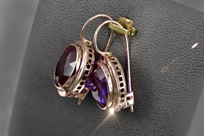 Boucles d’oreilles en or rose soviétique russe 14k 585 vec114 alexandrite rubis émeraude saphir ...