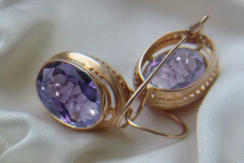 Vintage rose pink 14k 585 gold earrings vec114 alexandrite ruby emerald sapphire ...