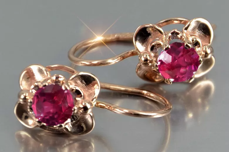 Boucles d’oreilles en or rose soviétique russe 14k 585 vec116 alexandrite rubis émeraude saphir ...