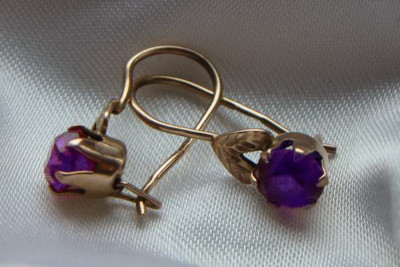 Boucles d’oreilles en or rose soviétique russe rose 14k 585 vec121 alexandrite rubis émeraude saphir ...