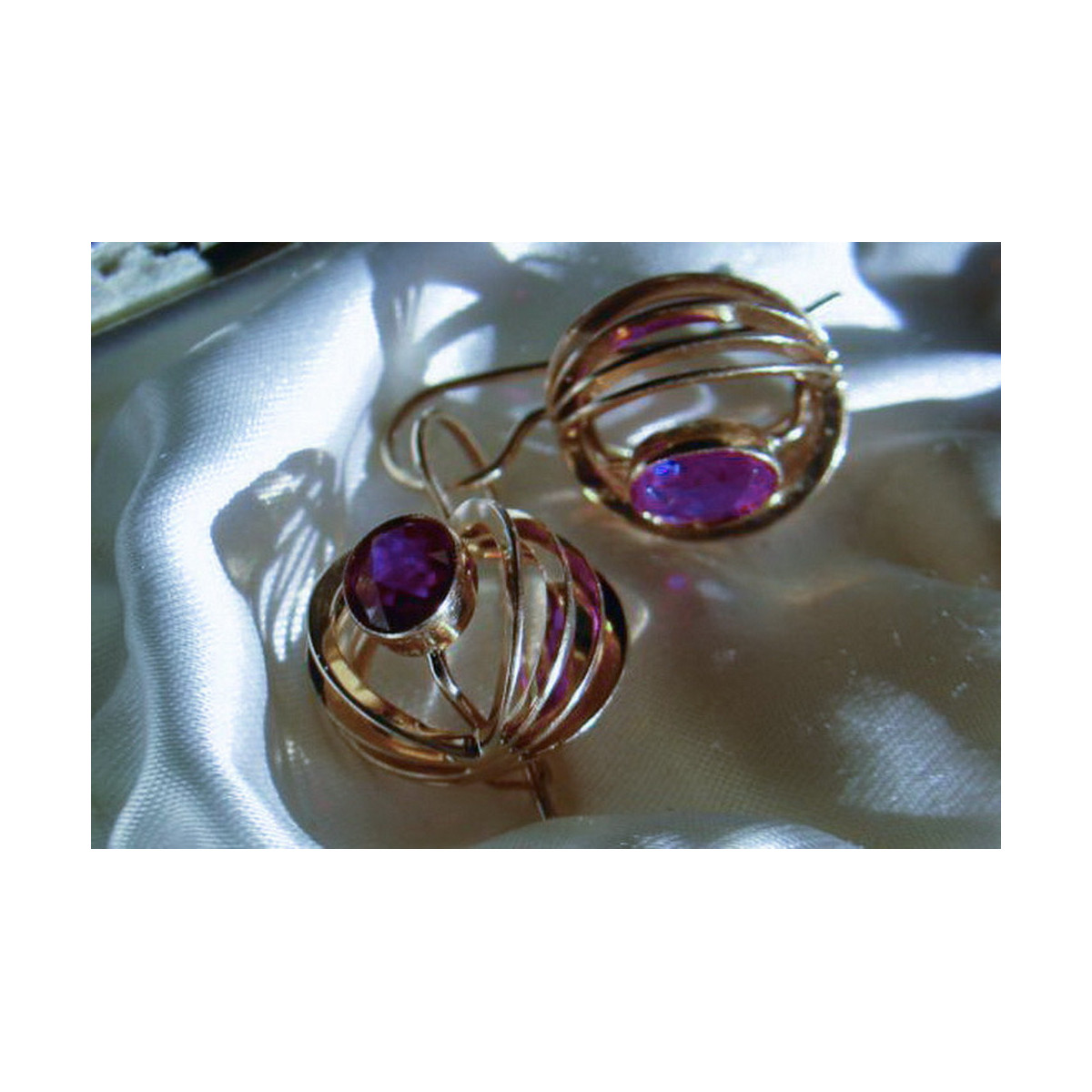 Boucles d’oreilles en or rose soviétique russe 14k 585 vec124 alexandrite rubis émeraude saphir ...