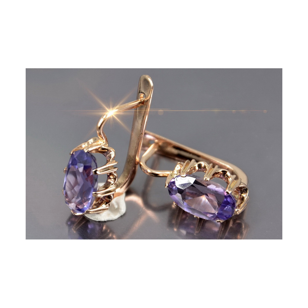 Boucles d’oreilles en or rose soviétique russe 14k 585 vec139 alexandrite rubis émeraude saphir ...