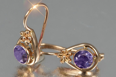 Boucles d’oreilles en or rose soviétique russe 14k 585 vec140 alexandrite rubis émeraude saphir ...