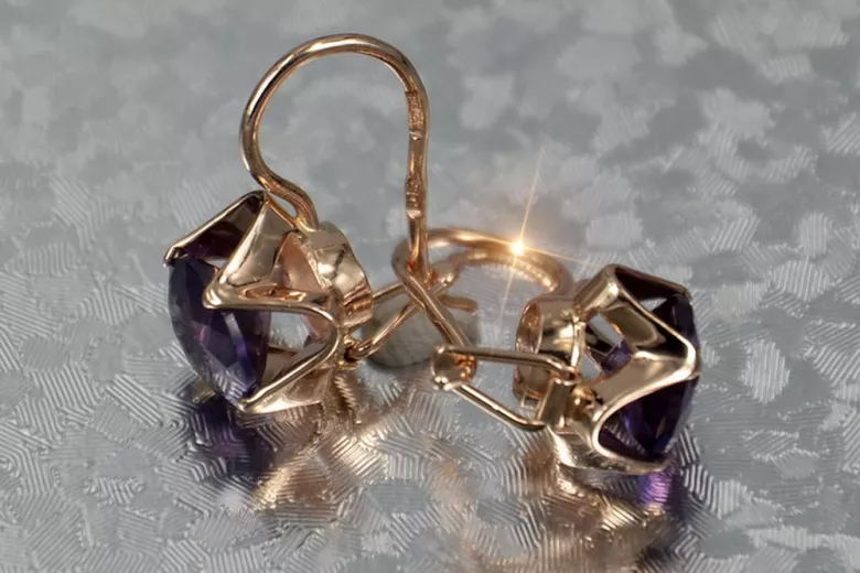 Boucles d’oreilles en or rose soviétique russe 14k 585 vec142 alexandrite rubis émeraude saphir ...