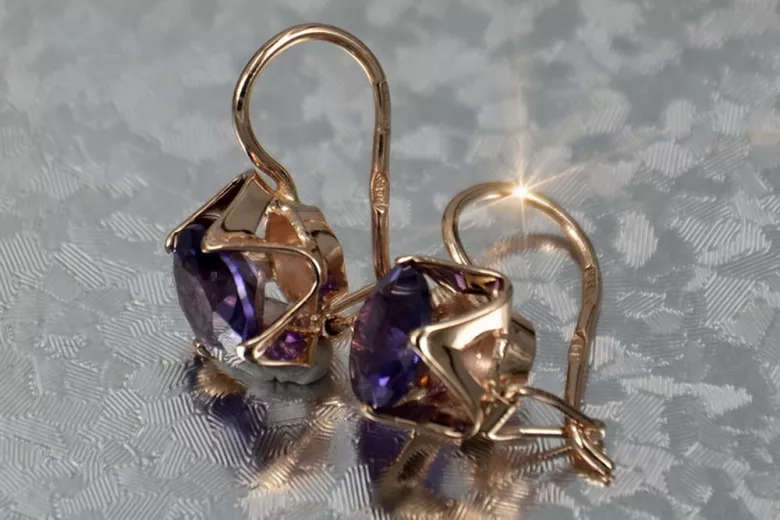 Boucles d’oreilles en or rose soviétique russe 14k 585 vec142 alexandrite rubis émeraude saphir ...