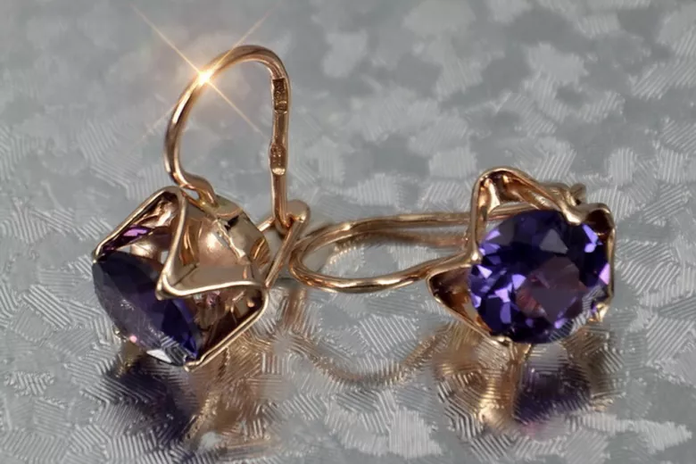 Boucles d’oreilles en or rose soviétique russe 14k 585 vec142 alexandrite rubis émeraude saphir ...