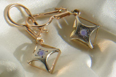 Boucles d’oreilles en or rose soviétique russe 14k 585 vec155 alexandrite rubis émeraude saphir ...