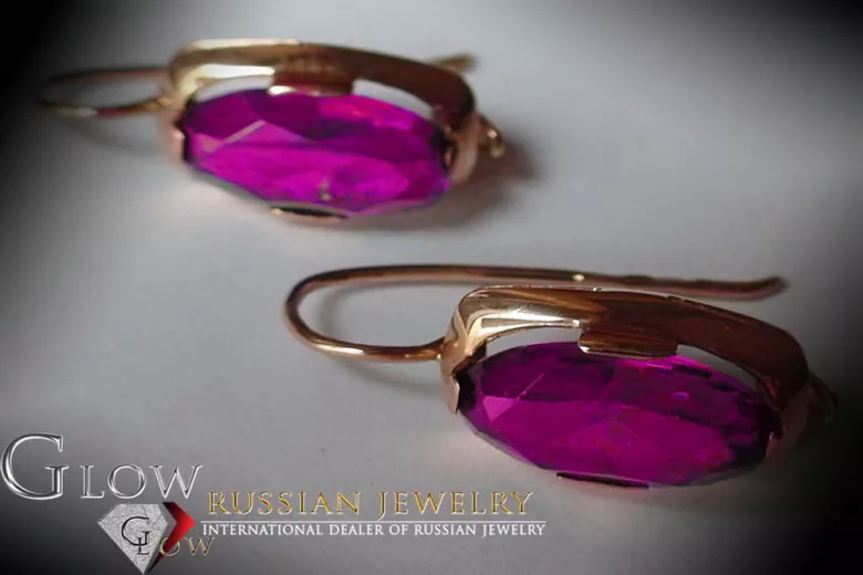 Boucles d’oreilles en or rose soviétique russe 14k 585 vec177 alexandrite rubis émeraude saphir ...