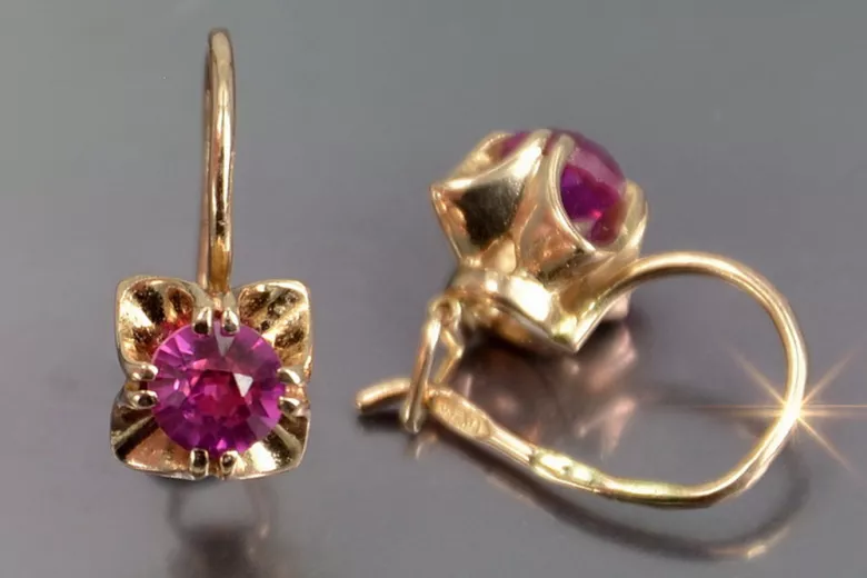 Boucles d’oreilles en or rose soviétique russe 14k 585 vec184 alexandrite rubis émeraude saphir ...