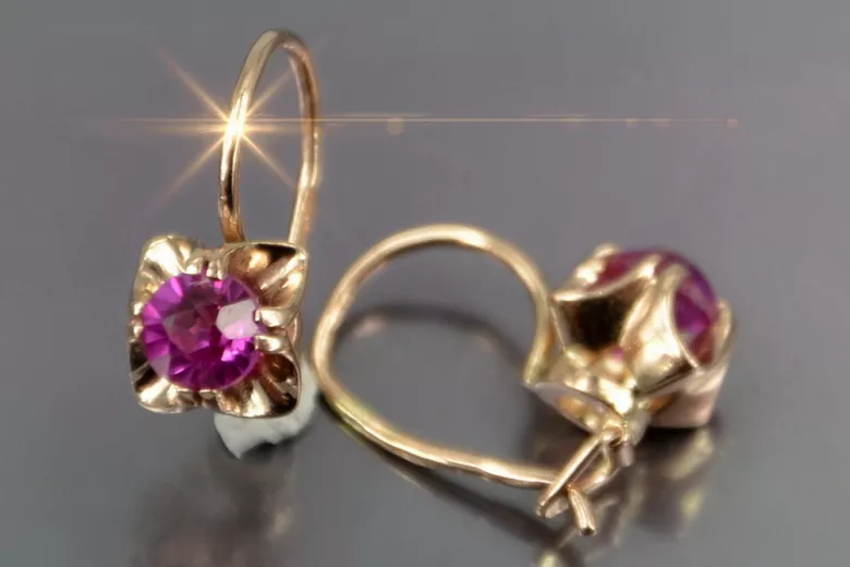 Boucles d’oreilles en or rose soviétique russe 14k 585 vec184 alexandrite rubis émeraude saphir ...